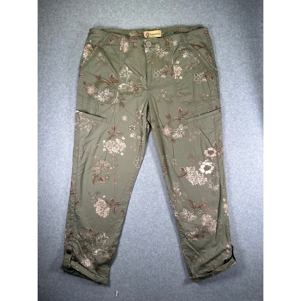 Democracy Flex-ellent Cargo Pants Womens 10 Olive Green Floral Crop Stretch
